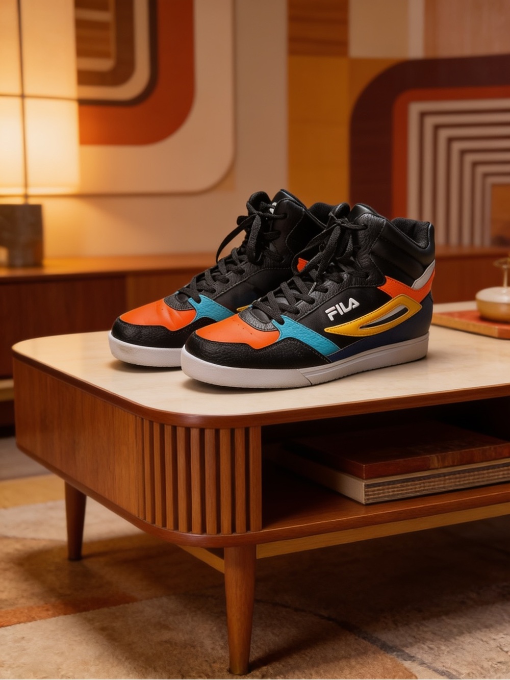 FILA Men’s High Top Lace-Up Colorblock Athletic Sneaker Black Orange Blue